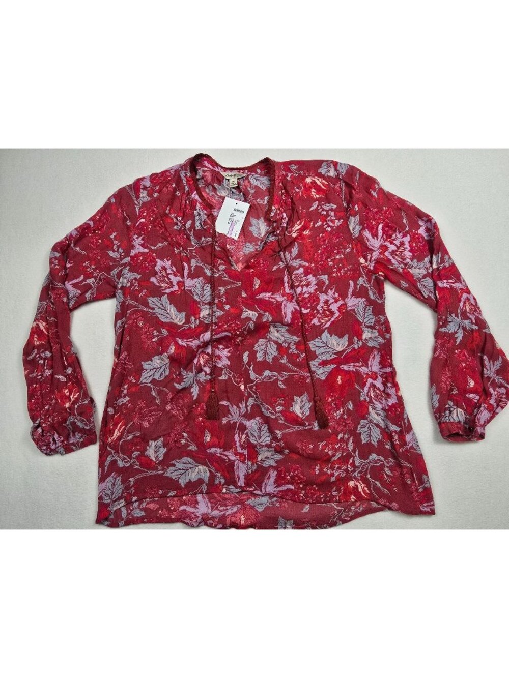 Lucky Brand Womens Floral Long Sleeve Blouse Red & Blue Tassels Medium